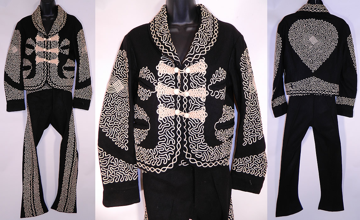 Vintage Mariachi Charro Costume Suit Soutache Black White Wool Jacket Pants
This vintage mariachi charro costume suit soutache black and white wool jacket and pants date from the 1930s. It is made of a black wool fabric, with white soutache embroidery work trim creating decorative spiral scrolling interlocking designs.