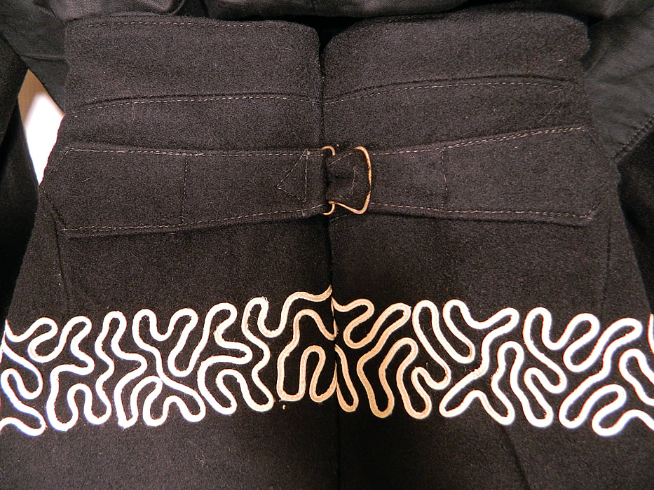 Vintage Mariachi Charro Costume Suit Soutache Black White Wool Jacket Pants
The pants measure 43 inches long, with a 31 inch inseam, 36 inch hips and a 34 inch waist. 