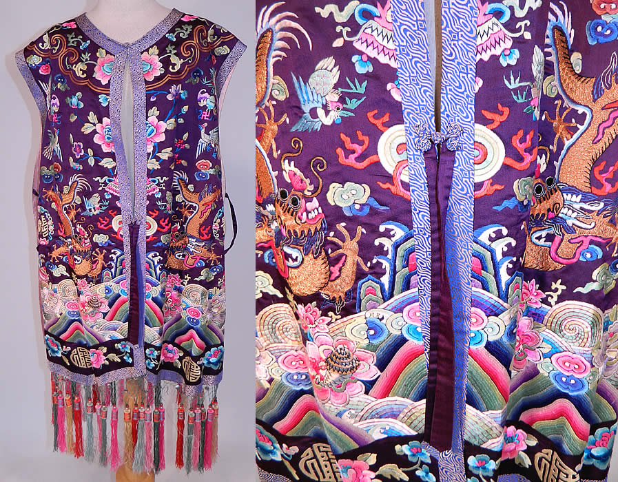 Antique Chinese Chaogua Longgua Silk Embroidered Sleeveless Vest Dragon Coat
This antique Chinese Chaogua Longgua silk embroidered sleeveless vest dragon coat dates from 1910, during the end of the Qing Dynasty. It is made of a dark royal purple color silk fabric, with colorful raised padded satin stitch, gold couching work hand embroidery work of five clawed dragons, bats, birds, flowers, swastika characters for longevity, waves of water along the bottom, precious objects and the Eight Buddhist symbols of good fortune.