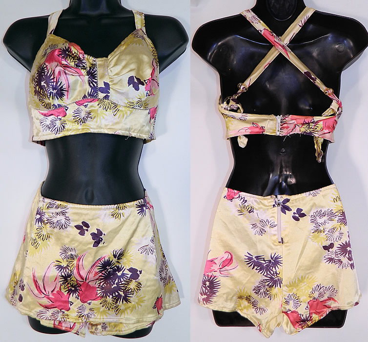 Vintage Gantner Goldfish Print Pinup Girl 2 Piece Swimsuit Bikini Bra Skirt Front Trunks
This vintage Gantner goldfish print pinup girl 2 piece swimsuit bikini bra skirt front trunks dates from the 1940s.