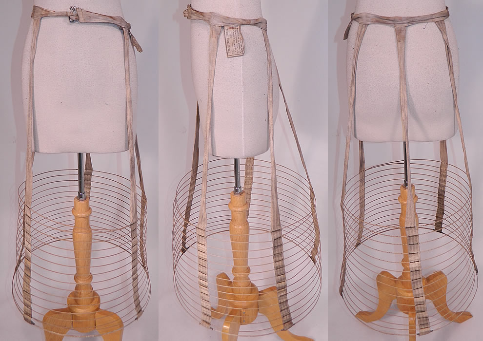 Victorian Novelty Skirts Label Crinoline Wire Hoop Cage Bell Shape Petticoat
This antique Victorian era Novelty Skirts label crinoline wire hoop cage bell shape petticoat dates from 1870. It is made of Duplex Wire hoops wrapped with a linen cloth fabric. There are linen cloth straps connecting the hoops and a flared hoop bell shape bottom. This collapsible petticoat would have been worn underneath a full skirt. 