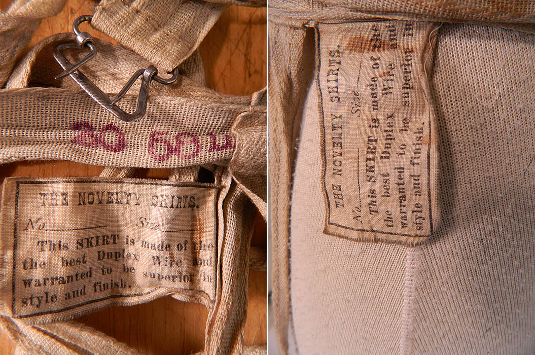 Victorian Novelty Skirts Label Crinoline Wire Hoop Cage Bell Shape Petticoat
There is a linen waistband, with adjustable silver metal buckle clasp closure on the front and original cloth tag label from "The Novelty Skirts" attached to the side waist. The bustle cage measures 30 inches long, 55 inch bottom circumference and has a 30 inch adjustable waist. It is in good as-is condition, with some minor wear and stains. This is truly a rare find and wonderful piece of wearable Victoriana art! 