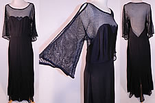 Vintage Black Silk Crepe Mesh Net Backless Gothic Evening Gown Dress
