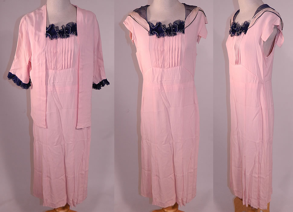 Vintage Pink Silk Crepe Navy Blue Ruffle Collar Cuffs Bias Cut Day Dress & Jacket
This vintage pink silk crepe navy blue ruffle collar cuffs bias cut day dress and jacket dates from the 1930s. It is made of a pink pastel silk crepe de chine fabric with a pleated front top and navy blue silk chiffon ruffle trim front neckline, collar and sleeve cuffs. 