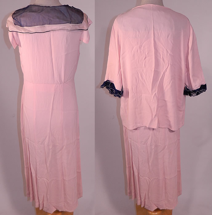 Vintage Pink Silk Crepe Navy Blue Ruffle Collar Cuffs Bias Cut Day Dress & Jacket
There is a matching fabric long mid length jacket, with 3/4 length sleeves and an open front with no closure. The jacket measures 22 inches long, with a 30 inch waist and 34 inch bust. It is in good condition. This is truly a wonderful piece of wearable art! 