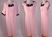 Vintage Pink Silk Crepe Navy Blue Ruffle Collar Cuffs Bias Cut Day Dress & Jacket