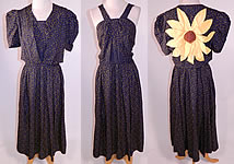Vintage Navy Blue Yellow Sunflower Novelty Print Silk Sun Dress & Jacket
