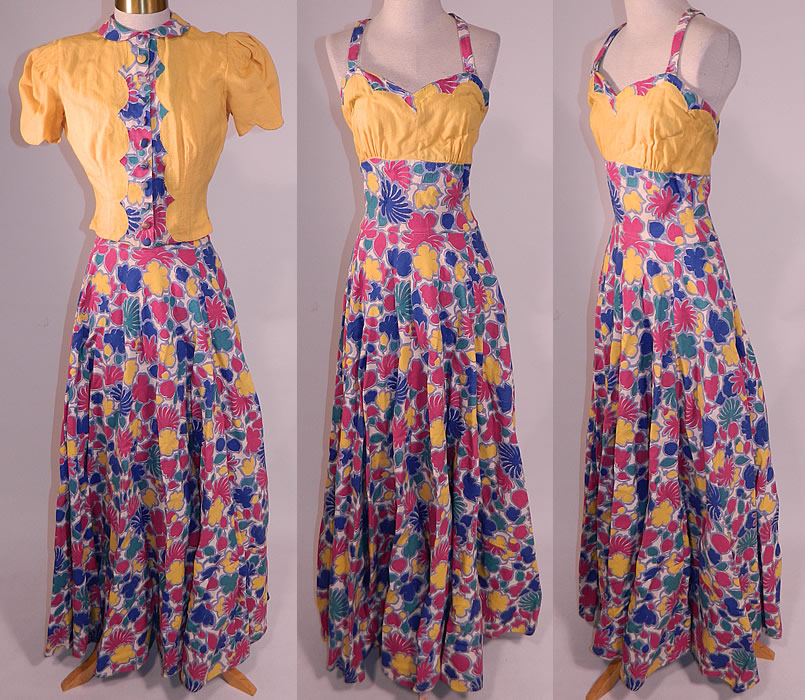 Vintage Colorful Cotton Pique Floral Print Halter Top Dress Gown & Jacket
This vintage colorful cotton pique floral print halter top dress and jacket dates from the 1940s. It is made of a colorful floral print cotton pique ribbed textured fabric, with a sunshine yellow linen fabric dress top and jacket. 