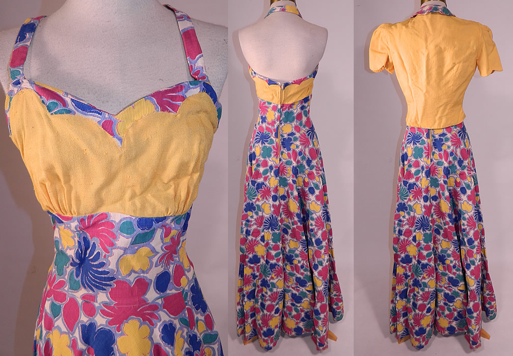 Vintage Colorful Cotton Pique Floral Print Halter Top Dress Gown & Jacket
The jacket measures 17 inches long, with a 24 inch waist and 34 inch bust. It is in good condition. This is truly a wonderful piece of wearable art! 