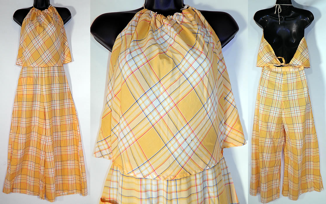 Vintage Yellow Gingham Plaid Print Palazzo Pants Halter Top Jumpsuit
This vintage yellow gingham plaid print palazzo pants halter top jumpsuit dates from the 1930s. It is made of a yellow and white plaid pattern print gingham cotton fabric. This lovely lounge wear one piece jumpsuit has a palazzo pant with flared wide legs, a handkerchief style halter top with adjustable neck, back strap closure, front pant pocket and side waist snap closures.