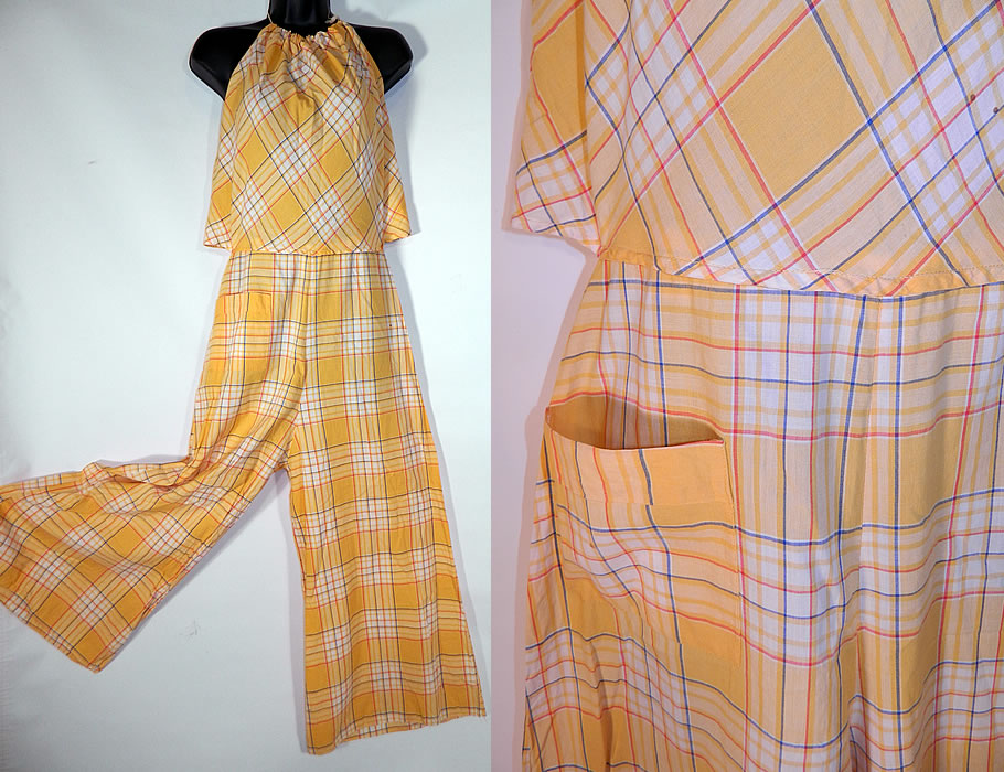 Vintage Yellow Gingham Plaid Print Palazzo Pants Halter Top Jumpsuit
The jumpsuit measures 63 inches long, with a 23 inch inseam, 36 inch hips, a 30 inch waist and 40 inch bust. It is in good condition, with only a few tiny faint age spot stains. This is truly a wonderful piece of wearable art! 