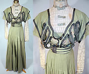 Edwardian Sage Green Fine Wool White Lace Dress 4 Piece Outfit Blouse Belt Skirt