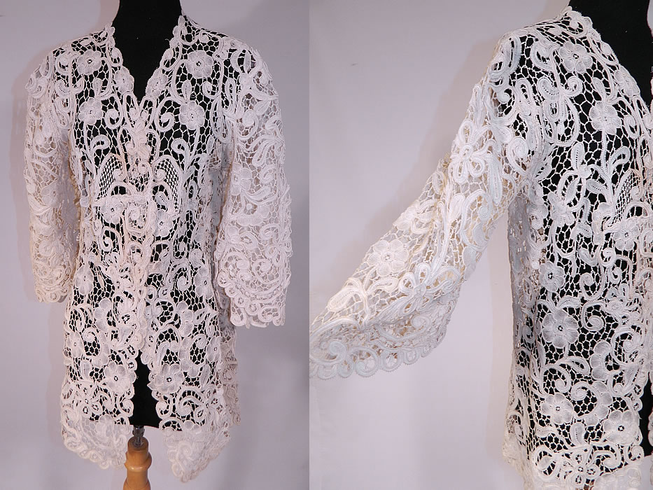 Vintage Edwardian Antique White Bobbin Lace Long Coat Jacket
This exquisite vintage Edwardian era antique white bobbin lace long coat jacket dates from 1910.
