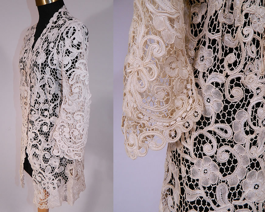 Vintage Edwardian Antique White Bobbin Lace Long Coat Jacket
It is made of a hand made white Battenburg bobbin lace created with woven cloth stitch tapes, bobbin made connecting double brides, heavy cordonnet outlines, with decorative spiral, floral and leaf  scroll work designs. 
