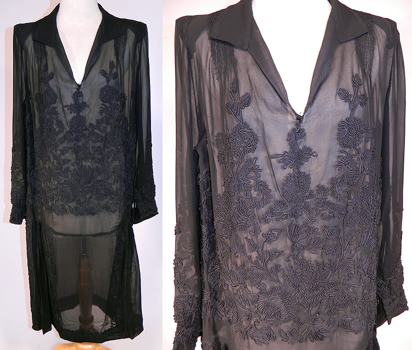 Vintage Black Silk Soutache Embroidered Drop Waist Dress
This amazing Art Deco vintage black silk soutache embroidered drop waist dress dates from the 1920s. It is made of a sheer black silk chiffon fabric, with raised black silk soutache embroidery work done in a floral leaf design. 