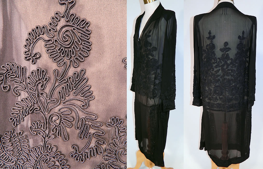 Vintage Black Silk Soutache Embroidered Drop Waist Dress
This fabulous flapper style drop waist dress is loose fitting, with long sleeves, fitted cuffs, a fold over collar, V front neckline, slight shoulder smocking, padding, a short full skirt and is sheer, unlined. 