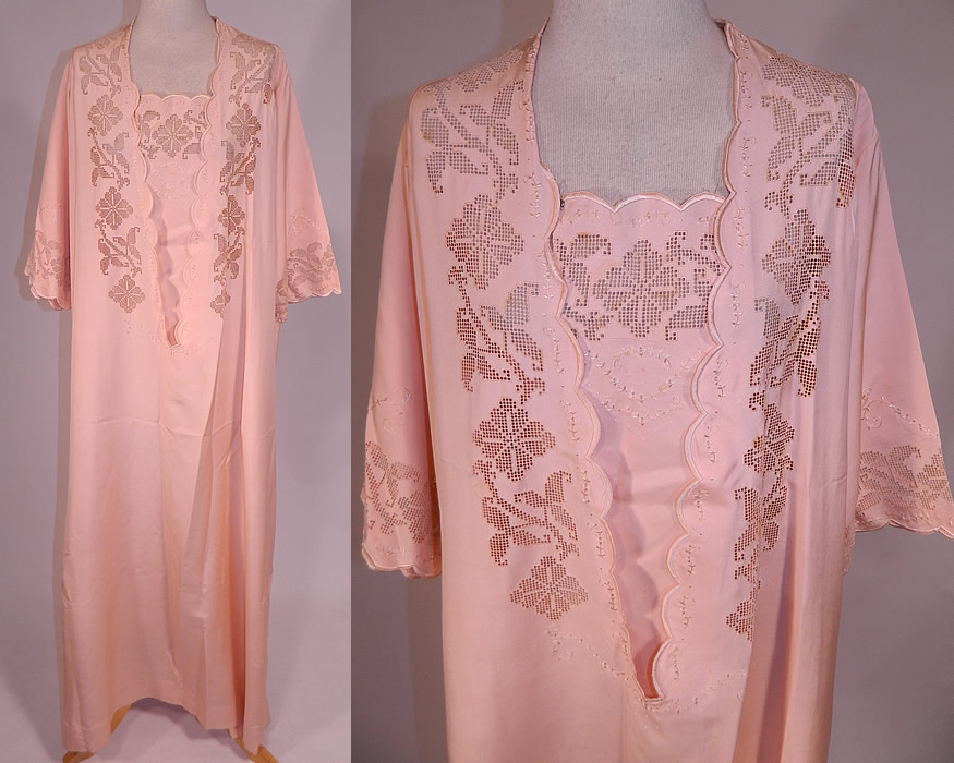 Edwardian Pink Cotton Drawn Cut Work Embroidered Peignoir Negligee Nightgown
This Edwardian era pink cotton drawn cut work embroidered peignoir negligee nightgown dates from 1915. It is made of a pastel pink fine quality, high thread count cotton fabric, with pink silk embroidery and drawn cut work done in a floral lace pattern design. This beautiful boudoir peignoir negligee nightgown style dressing gown is loose fitting, a long floor length, with a scalloped trim front opening, snap closures on the modesty panel insert and short sleeves.