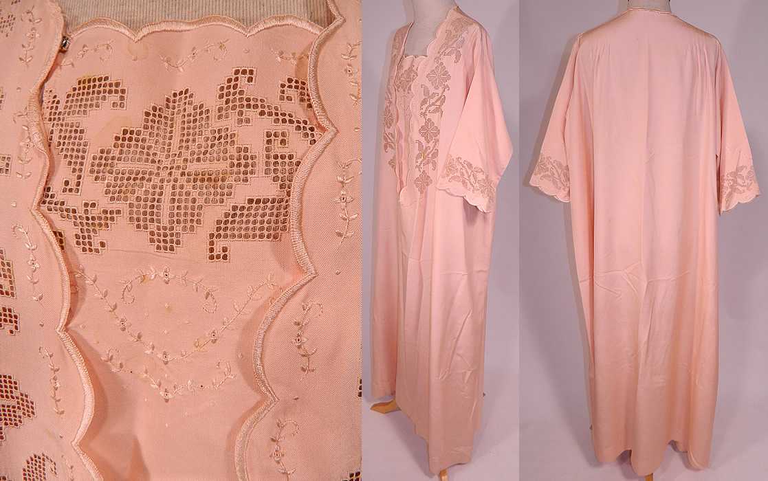 Edwardian Pink Cotton Drawn Cut Work Embroidered Peignoir Negligee Nightgown
The gown is a large size measuring 55 inches long, with 60 inch hips, a 60 inch waist and 55 inch bust. It is in good condition, but has not been cleaned with a few faint small stains on the front top (see close-up). This is truly a wonderful piece of fine quality romantic wearable lingerie art! 