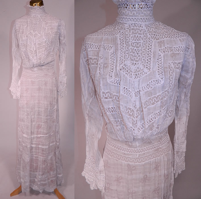 Edwardian White Window Pane Cotton Batiste Bow Polka Dot Print Fabric Lace Trim Dress
This antique Edwardian era white window pane cotton batiste bow polka dot print fabric lace trim dress dates from 1905. It is made of a white sheer fine cotton batiste window pane fabric with a faded blackish brown bow ribbon, polka dot print design and white lace trim inserts. 