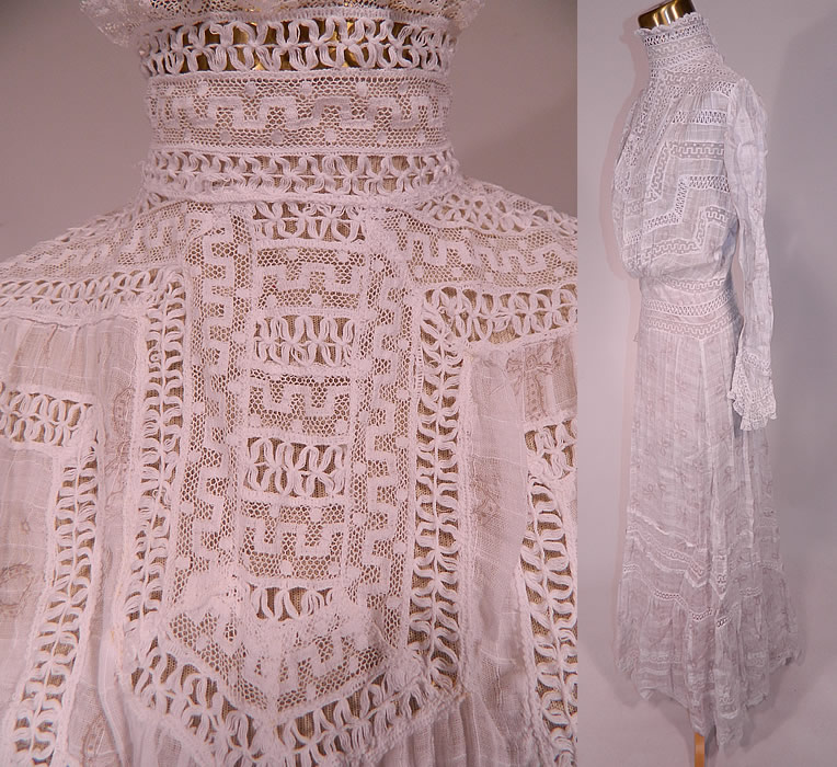 Edwardian White Window Pane Cotton Batiste Bow Polka Dot Print Fabric Lace Trim Dress
The dress measures 55 inches long, with 40 inch hips, a 28 inch waist, 40 inch bust and 22 inch long sleeves. 