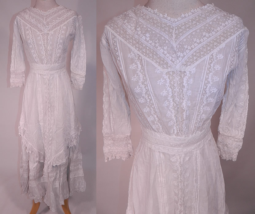 Victorian Lace Embroidered White Cotton Batiste Wedding Dress Polonaise Overdress Skirt
This antique Victorian era lace embroidered white cotton batiste wedding dress polonaise overdress, skirt date from the 1870s. It is made of a white sheer fine thin cotton batiste fabric with embroidered eyelet drawn cut work floral leaf designs and white lace trim inserts. 