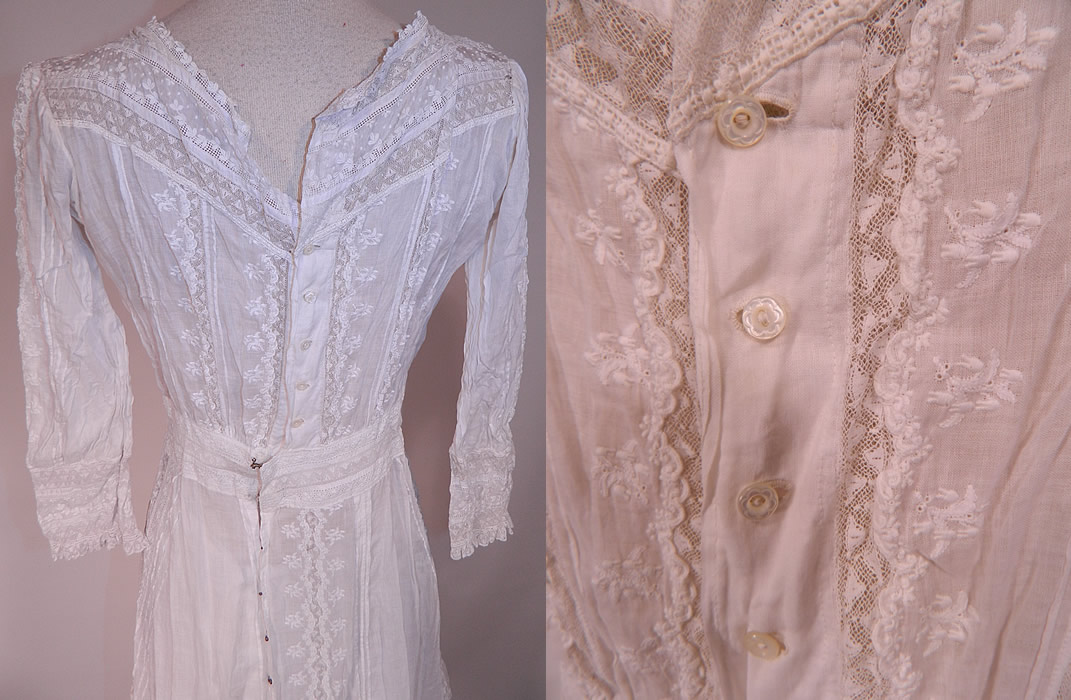 Victorian Lace Embroidered White Cotton Batiste Wedding Dress Polonaise Overdress Skirt
There is a matching fabric petticoat skirt with a layered ruffled trim bottom and measures 33 inches long, with a 22 inch waist. It is in good condition. This is truly a wonderful piece of antique textile lace art which could be worn as a wedding gown! 