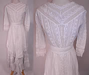 Victorian Lace Embroidered White Cotton Batiste Wedding Dress Polonaise Overdress Skirt