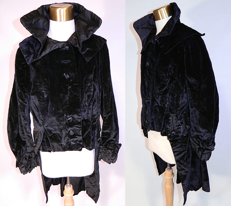 Edwardian Black Velvet Womens Winter Equestrian Tailored Tail Coat Riding Jacket
This antique Edwardian era black velvet womens winter equestrian tailored tail coat riding jacket dates from 1905. It is made of a black silk velvet fabric, with black embroidery work silk button trim accents on the bottom sides.