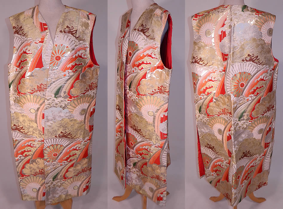 Vintage Japanese Gold Silk Lam&eacute; Lame Ocean Waves Obi Fabric Sleeveless Vest Jacket
This vintage Japanese gold silk lam&eacute; ocean waves obi fabric sleeveless vest jacket from the Showa Period in the 1960s. It is made of a colorful heavy silk silver, gold lam&eacute; brocade fabric, with a floral medallion, rainbow, clouds, ocean waves of water woven damask design pattern and is created from Japanese obi fabric. 