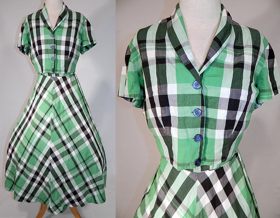Vintage Betty Barclay Frocks Green Gingham Check Cotton Circle Skirt Dress & Jacket
This vintage Betty Barclay Frocks green gingham check cotton circle skirt dress and jacket dates from the 1950s. It is made of a green, black and white gingham check cotton fabric print. This stunning summer strapless dress has a sweetheart neckline, stays boning sewn inside the bust, a full circle skirt, back zipper closure and is unlined.