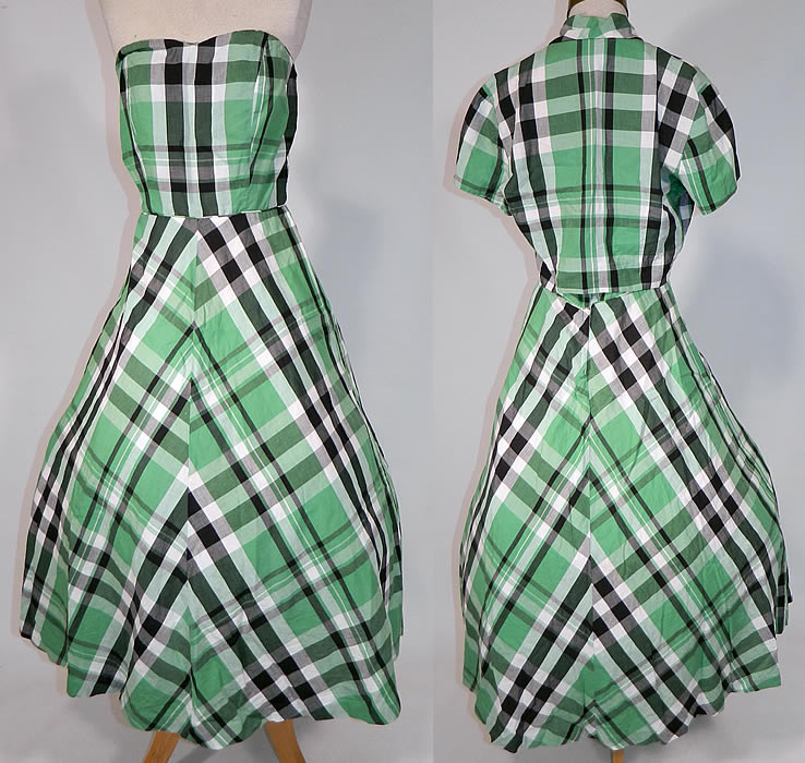 Vintage Betty Barclay Frocks Green Gingham Check Cotton Circle Skirt Dress & Jacket
There is a matching fabric short jacket blouse, with a button closure front, fold over collar, short sleeves and is unlined. The jacket measures 17 inches long, with a 28 inch waist and 36 inch bust. It is in good condition. This is truly a wonderful piece of retro 50s wearable art! 