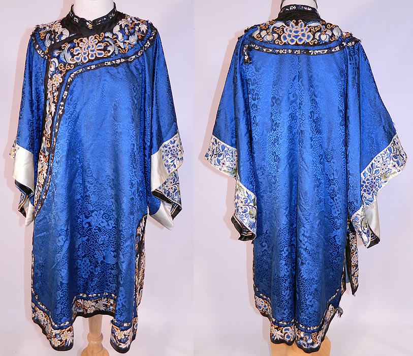 Antique Chinese Blue Silk Damask Brocade Forbidden Stitch Embroidered Trim Robe
This antique Chinese blue silk damask brocade forbidden stitch embroidered trim robe dates from the the mid 19th century during the Qing Dynasty. 