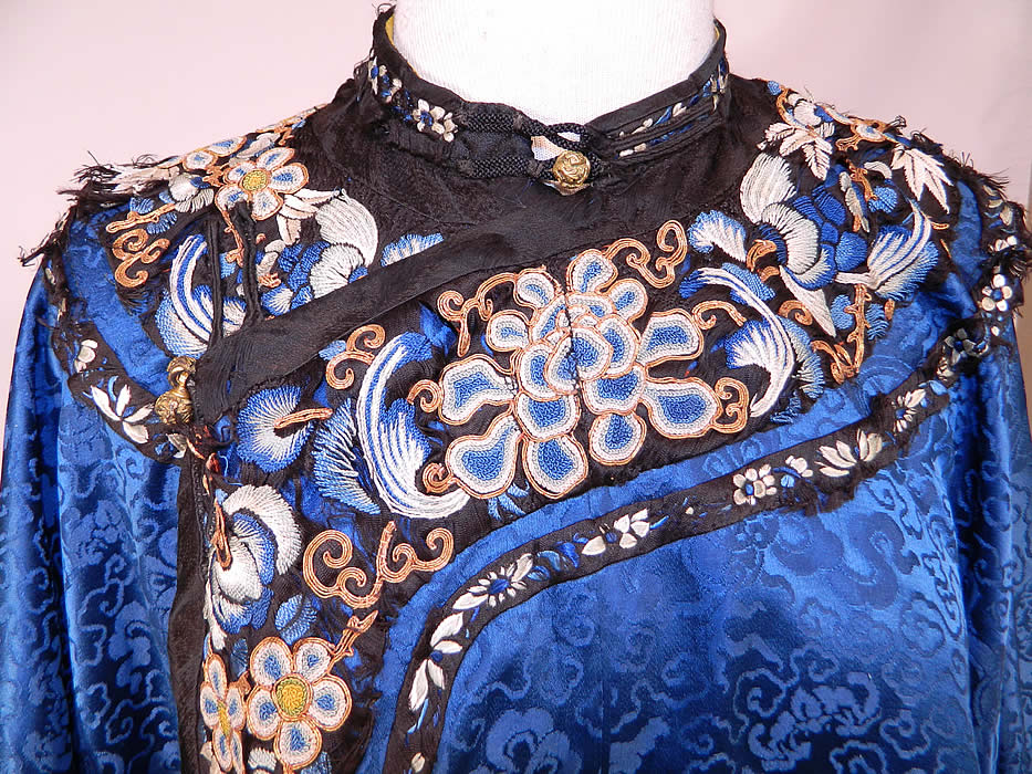Antique Chinese Blue Silk Damask Brocade Forbidden Stitch Embroidered Trim Robe
It is hand stitched, made of a royal blue color silk damask weave brocade fabric, with the Eight Buddhist symbols of good fortune woven into the pattern and other auspicious objects, bats, butterflies and clouds. 