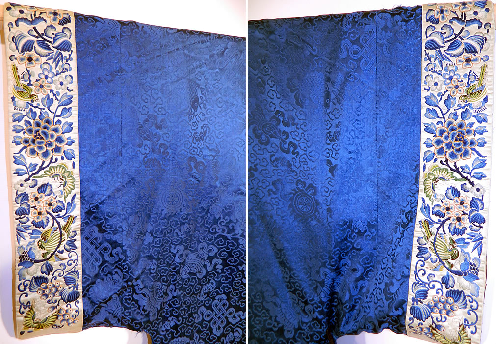 Antique Chinese Blue Silk Damask Brocade Forbidden Stitch Embroidered Trim Robe
The robe measures 38 inches long, with a 50 inch waist, chest and 36 inch sleeve cuff circumference. 