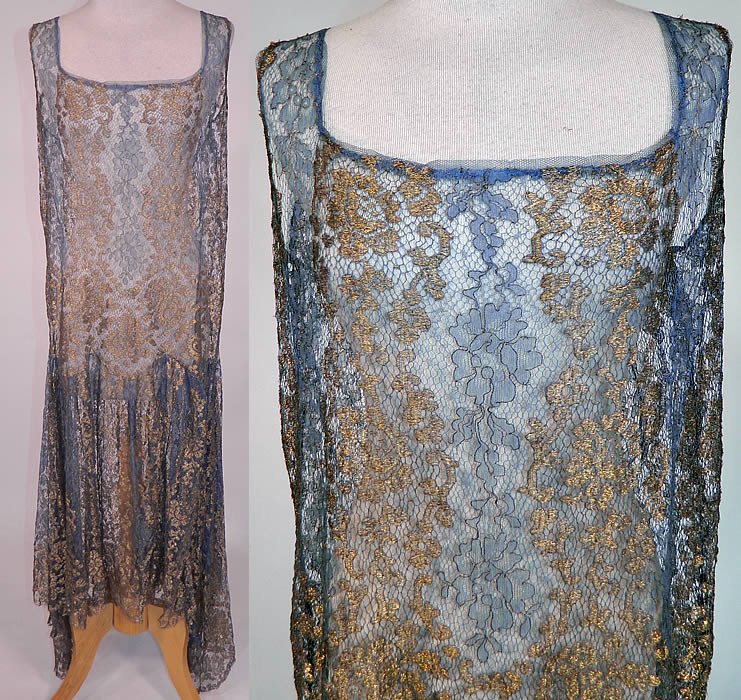 Art Deco Blue Net Gold Lam&eacute; Lame Lace Handkerchief Skirt Drop Waist Flapper Dress
This amazing Art Deco vintage blue net gold lam&eacute; lace handkerchief skirt drop waist dress dates from the 1920s. It is made of a slate blue color sheer fine cobweb lace mesh net fabric, with gold metallic lam&eacute; thread woven through it outlining the floral leaf lace pattern design.