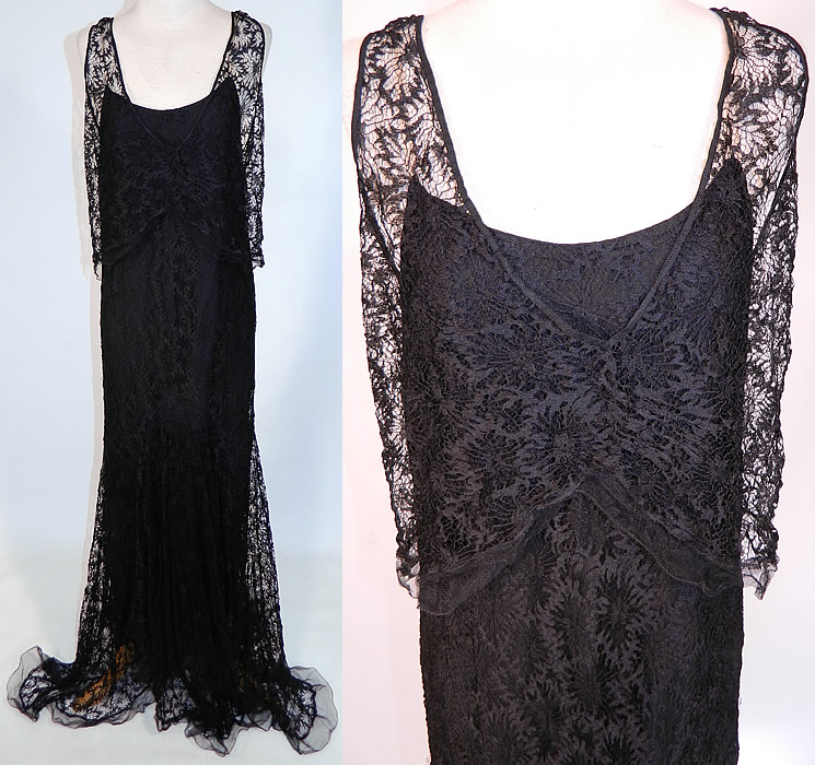 Vintage Black Cobweb Lace Silk Net Train Skirt Bias Cut Dress Evening Gothic Gown
This vintage black cobweb lace silk net train skirt bias cut dress evening Gothic gown dates from the 1930s. It is made of a black sheer fine silk net cobweb lace fabric, with an abstract spiderweb floral pattern design