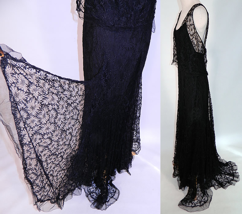 Vintage Black Cobweb Lace Silk Net Train Skirt Bias Cut Dress Evening Gothic Gown
This beautiful bias cut dress long floor length evening Gothic gown has a plunging V neckline, backless, sleeveless, with a sheer lace overlay crop top, black silk slip lining sewn inside, side snap closures and a slight back train skirt with pooling draping sides. 