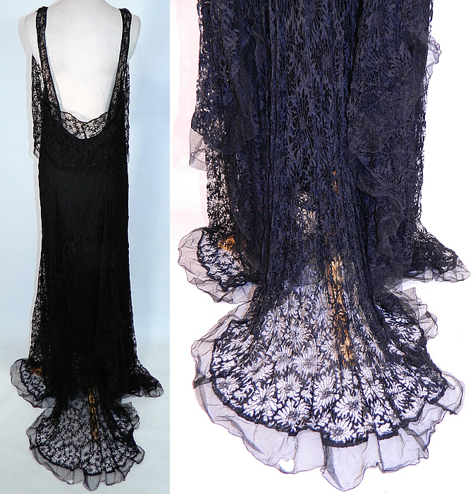 Vintage Black Cobweb Lace Silk Net Train Skirt Bias Cut Dress Evening Gothic Gown
The dress measures 60 inches long, with 34 inch hips, a 36 inch waist and 34 inch bust. It is in good condition, with only a few small frayed holes on the bottom skirt hem (see close-up). This is truly a wonderful piece of wearable lace textile art! 