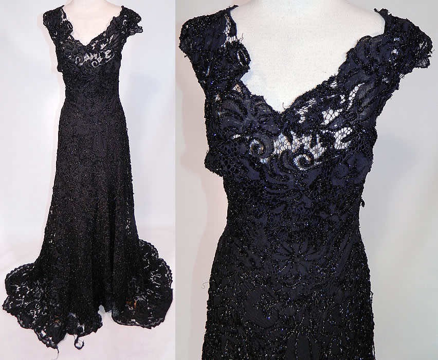 Nan Merriman Opera Singer Vintage Black Lace Silver Glitter Soutache Evening Gown
This vintage black lace silver glitter soutache evening gown dress comes from the estate of opera singer Nan Merriman and dates from the 1940s.