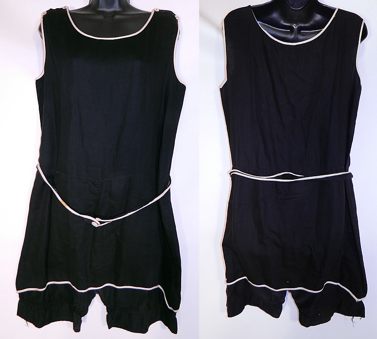 Vintage Black & White Cotton Belted Bathing Suit Swimsuit Dress & Bloomers
This vintage black and white cotton belted bathing suit swimsuit dress and bloomers dates from the 1920s. It is made of a black cotton fabric, with white stripe trim edging. 