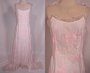 Vintage White Organdy Pink Embroidered Flower Formal Gown Skirt Train Dress