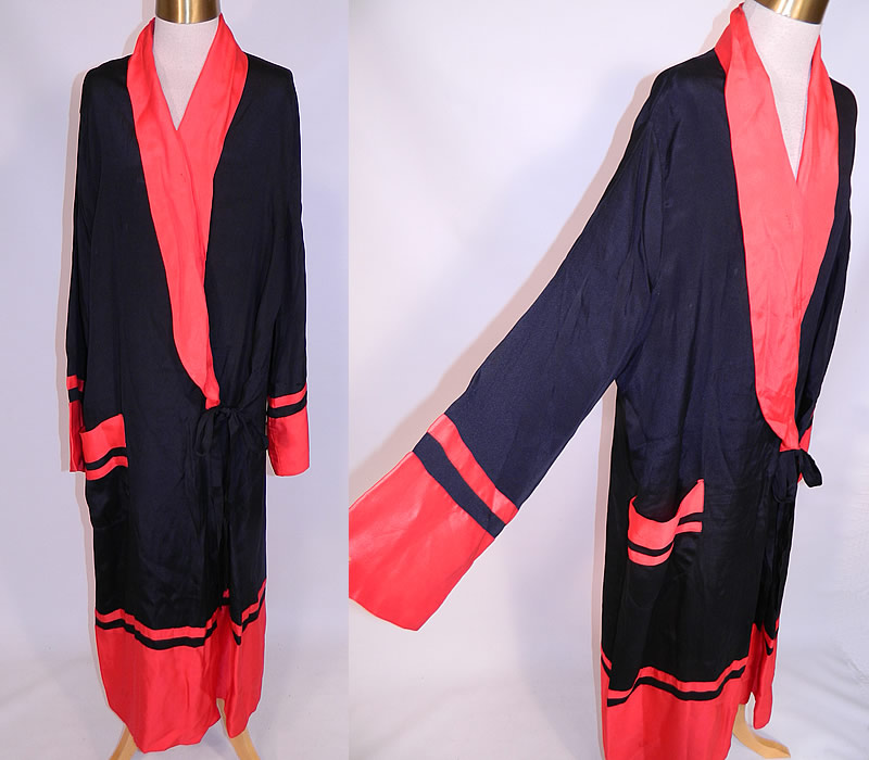 Vintage Art Deco Black & Red Silk Striped Flapper Kimono Robe Dressing Gown
This vintage Art Deco black and red silk striped flapper kimono robe dressing gown dates from the 1920s. It is made of a black silk fabric, with red trim edging and black striped accents.