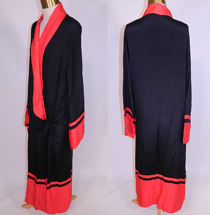Vintage Art Deco Black & Red Silk Striped Flapper Kimono Robe Dressing Gown
The robe measures 52 inches long, with 60 inch hips, a 60 inch waist, 60 inch bust and 23 inch long sleeves. It is in good condition, with only two tiny ink marks on the lapel collar and a faint water spot stain on the bottom red stripe hem. This is truly a wonderful piece of Art Deco wearable art!