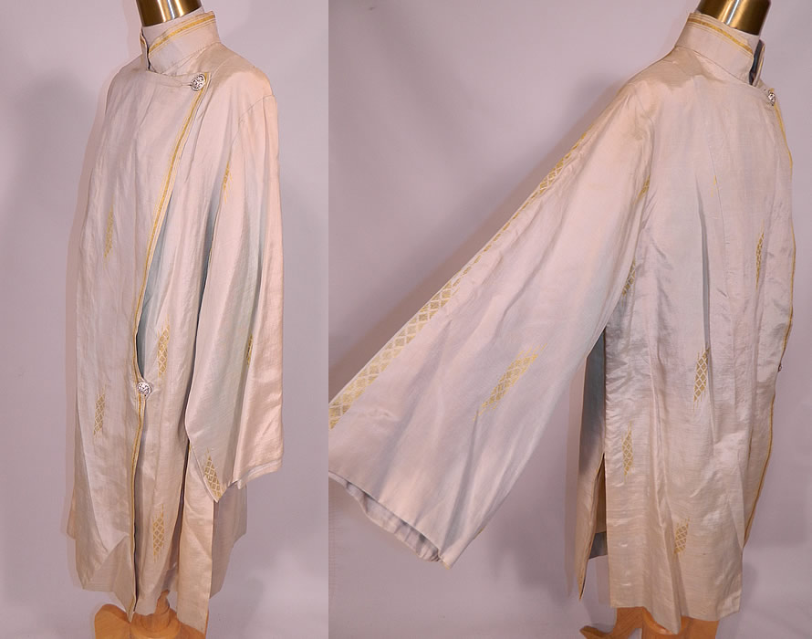 Vintage L.M. Rosen Gowns NY Label Art Deco Gold Lame Blue Silk Evening Coat Lam&eacute;
The coat measures 46 inches long, with 46 inch hips, a 46 inch waist, 46 inch bust and 22 inch long sleeves.