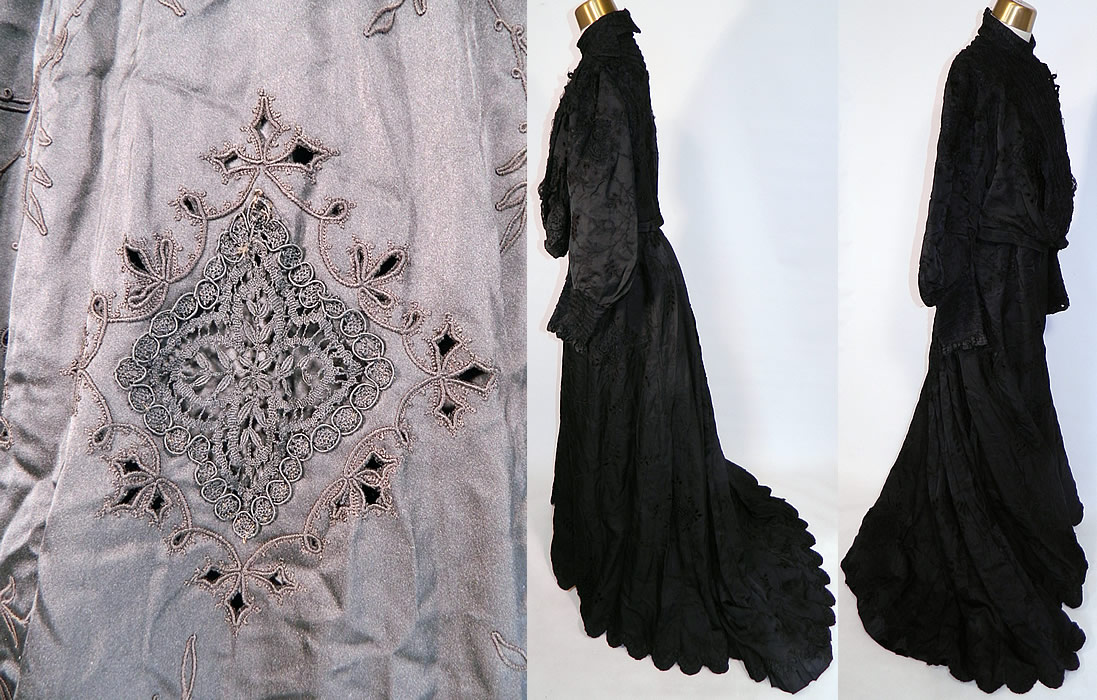 Victorian Black Silk Taffeta Bobbin Lace Mourning Gown Bodice Train Skirt Dress
This magnificent mourning gown two piece dress has a long back train skirt and pigeon front bodice blouse top with a high neck collar, pleated sheer chiffon ruffle insert front dickey, long full sleeves with fitted ruffle cuffs, hook closures along the front side and is fully lined with stays boning inside. 
