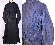 Victorian Black Silk Taffeta Bobbin Lace Mourning Gown Bodice Train Skirt Dress

