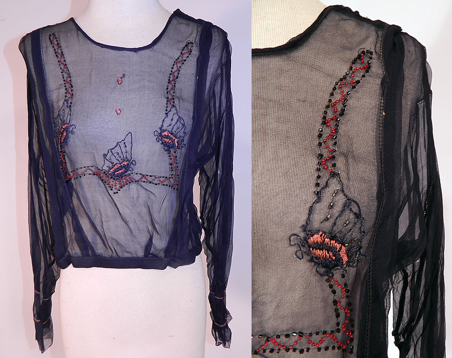 Vintage Navy Blue Sheer Silk Chiffon Embroidered Beaded Butterfly Blouse Shirt
This vintage Art Deco navy blue sheer silk chiffon embroidered beaded butterfly blouse shirt dates from the 1920s. It is made of a navy blue sheer silk chiffon fabric, with blue and red embroidery work stitching, beading done in a Art Deco butterfly pattern design on the front. 