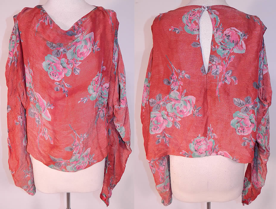 Vintage Crimson Red Gold Lam&eacute; Lame Pink Floral Roses Print Blouse Shirt Top
This vintage crimson red gold lam&eacute; pink floral roses print blouse shirt top dates from the 1930s. It is made of a crimson red color silk lam&eacute; fabric with gold metallic thread woven through it and a pink, purple, green floral rose leaf print pattern design.