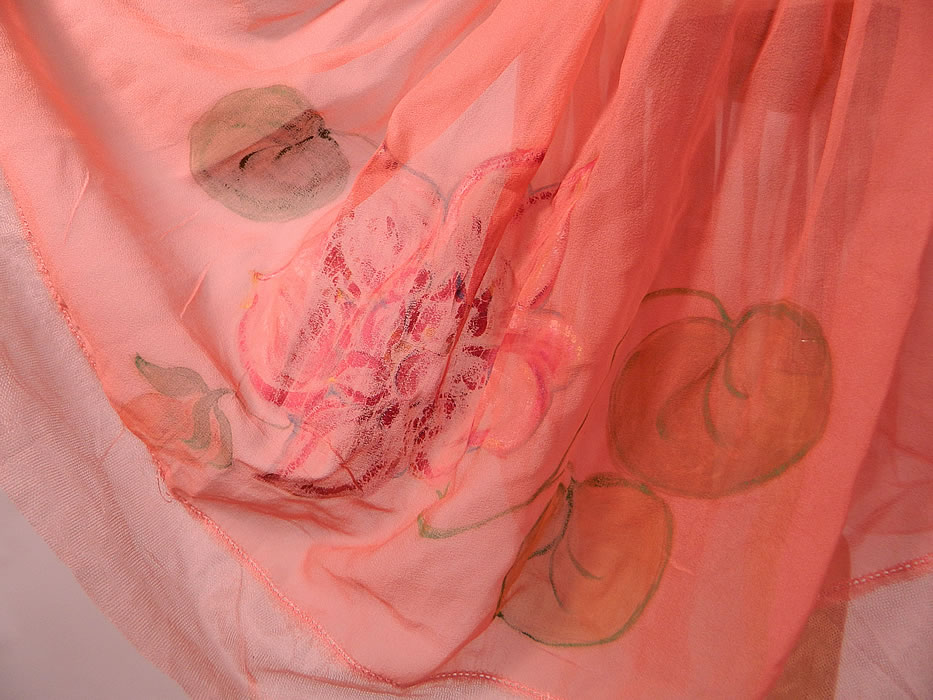 Vintage Hand Painted Lotus Flower Petal Skirt Coral Pink Silk Chiffon Dress Robe
The dress measures 42 inches long, with a 28 inch waist and 40 inch bust. It is in good condition. This is truly a wonderful piece of wearable hand painted textile art!