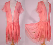 Vintage Hand Painted Lotus Flower Petal Skirt Coral Pink Silk Chiffon Dress Robe
